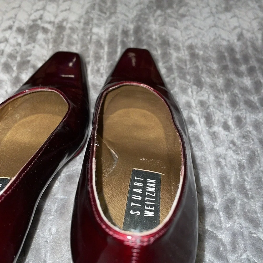Stuart Weitzman Burgundy Printed Patent Leather Square Toe Pumps. Size 6.5.‎